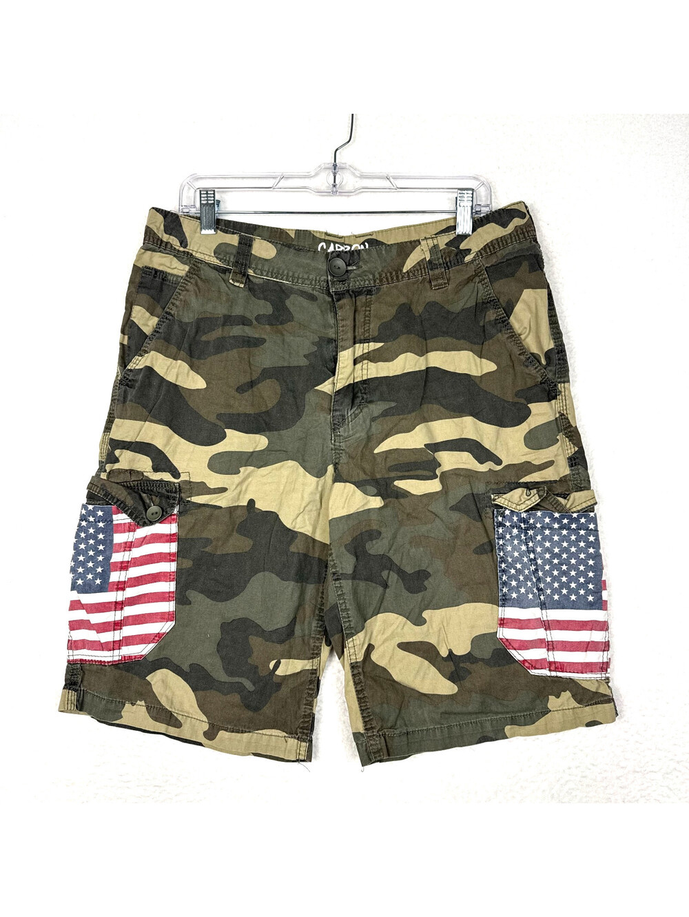 Y2K Carbon Mens 32 Green Camo USA Flag Pockets Cargo Shorts Vintage 00s